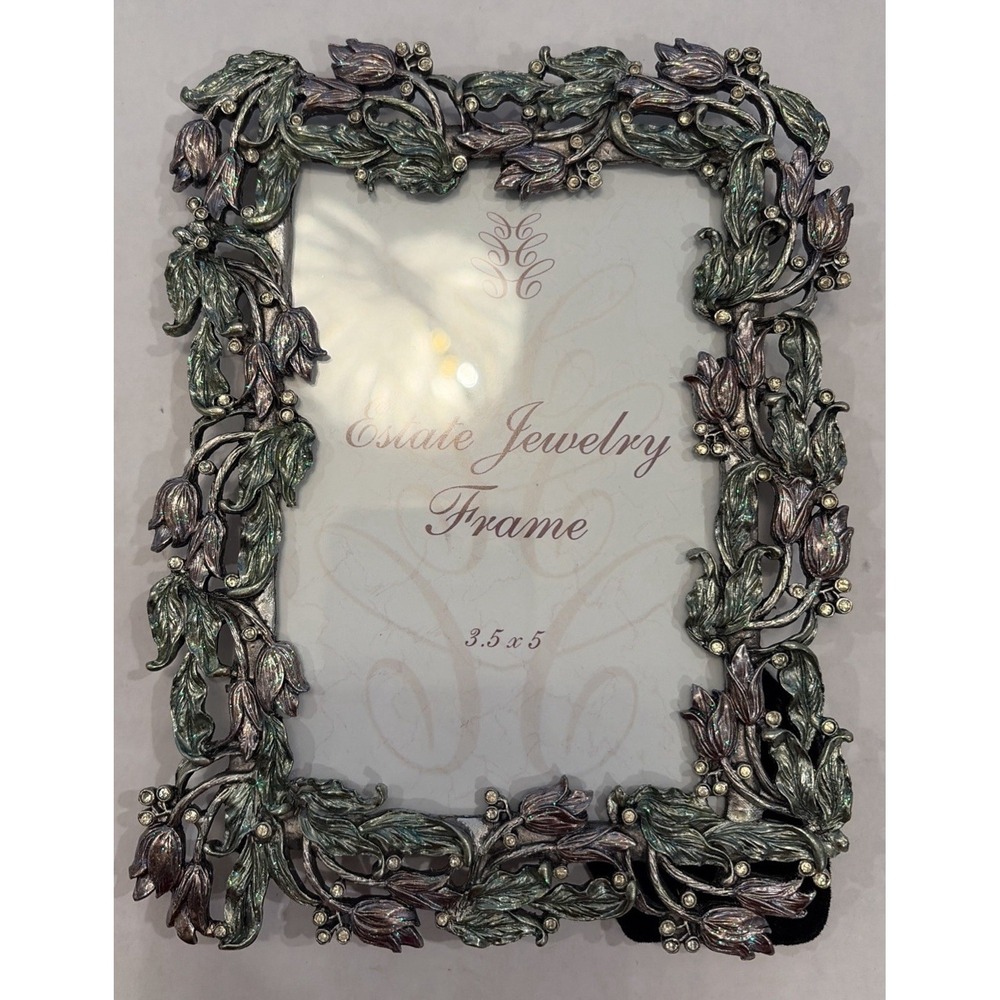 Ornate Pewter Green/Silver  Floral Enamel Rhinestone Picture Frame 3 1/2 X 5 In‎